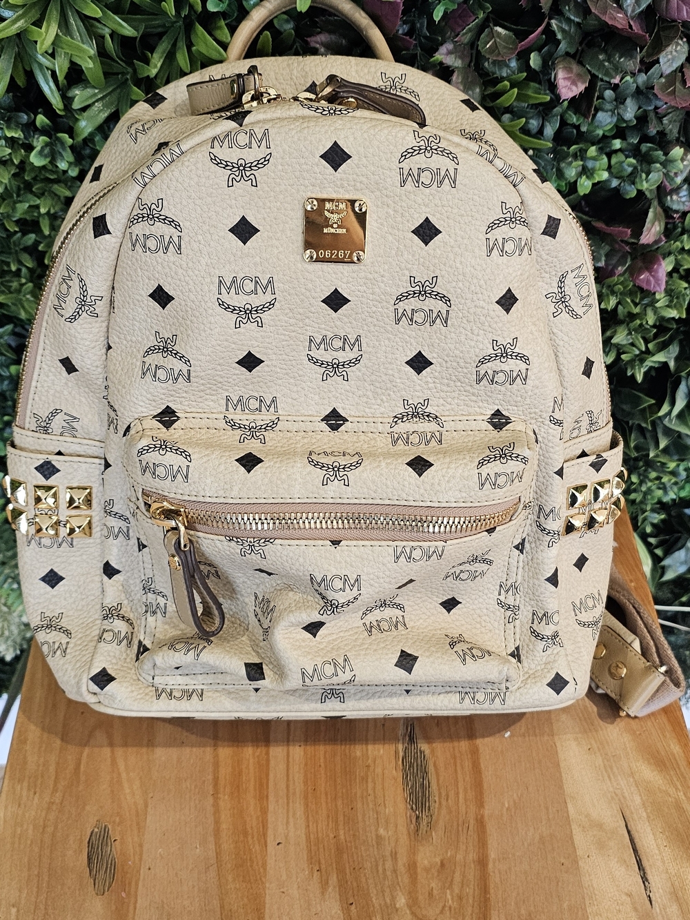 MCM Beige Logo Studded Leather Backpack